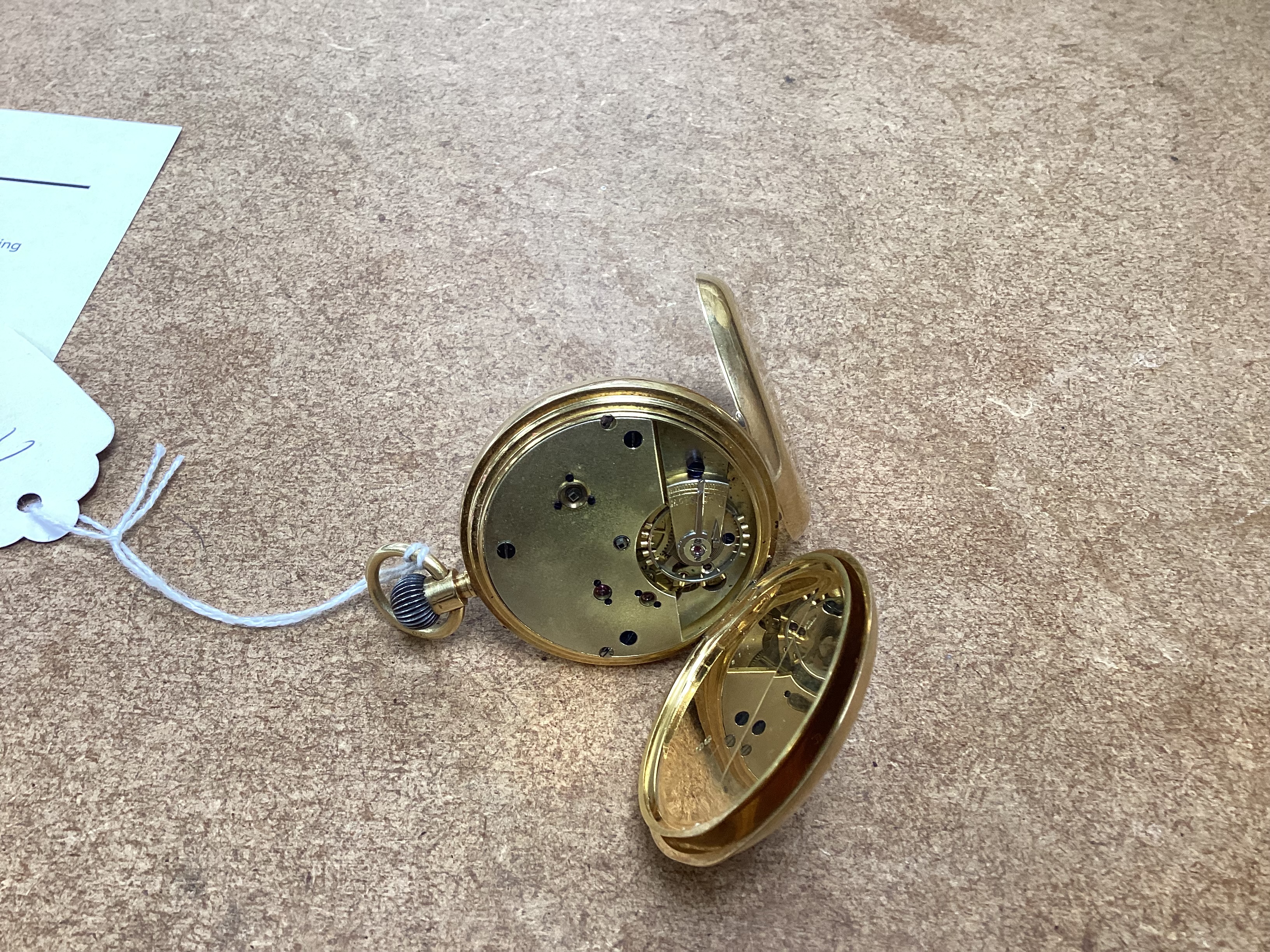 An 18ct gold keyless hunter pocket watch, with Roman dial and subsidiary seconds, the case with engraved monogram, case diameter 48mm